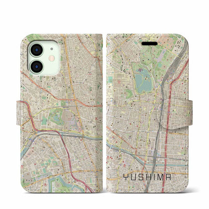 【湯島（東京都）】地図柄iPhoneケース（手帳タイプ）ナチュラル・iPhone 12 mini 用