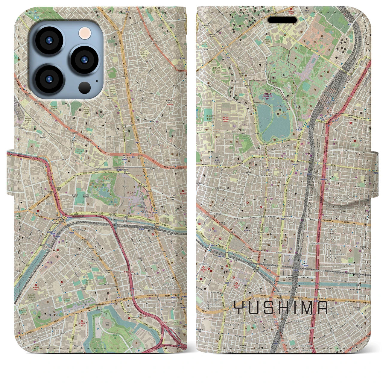 【湯島】地図柄iPhoneケース（手帳両面タイプ・ナチュラル）iPhone 13 Pro Max 用