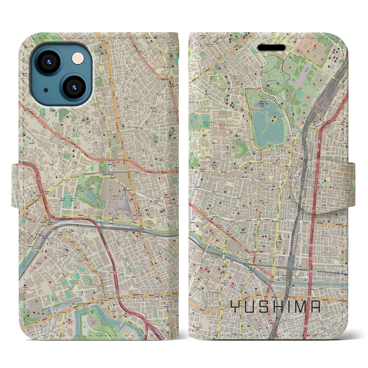 【湯島】地図柄iPhoneケース（手帳両面タイプ・ナチュラル）iPhone 13 Pro 用