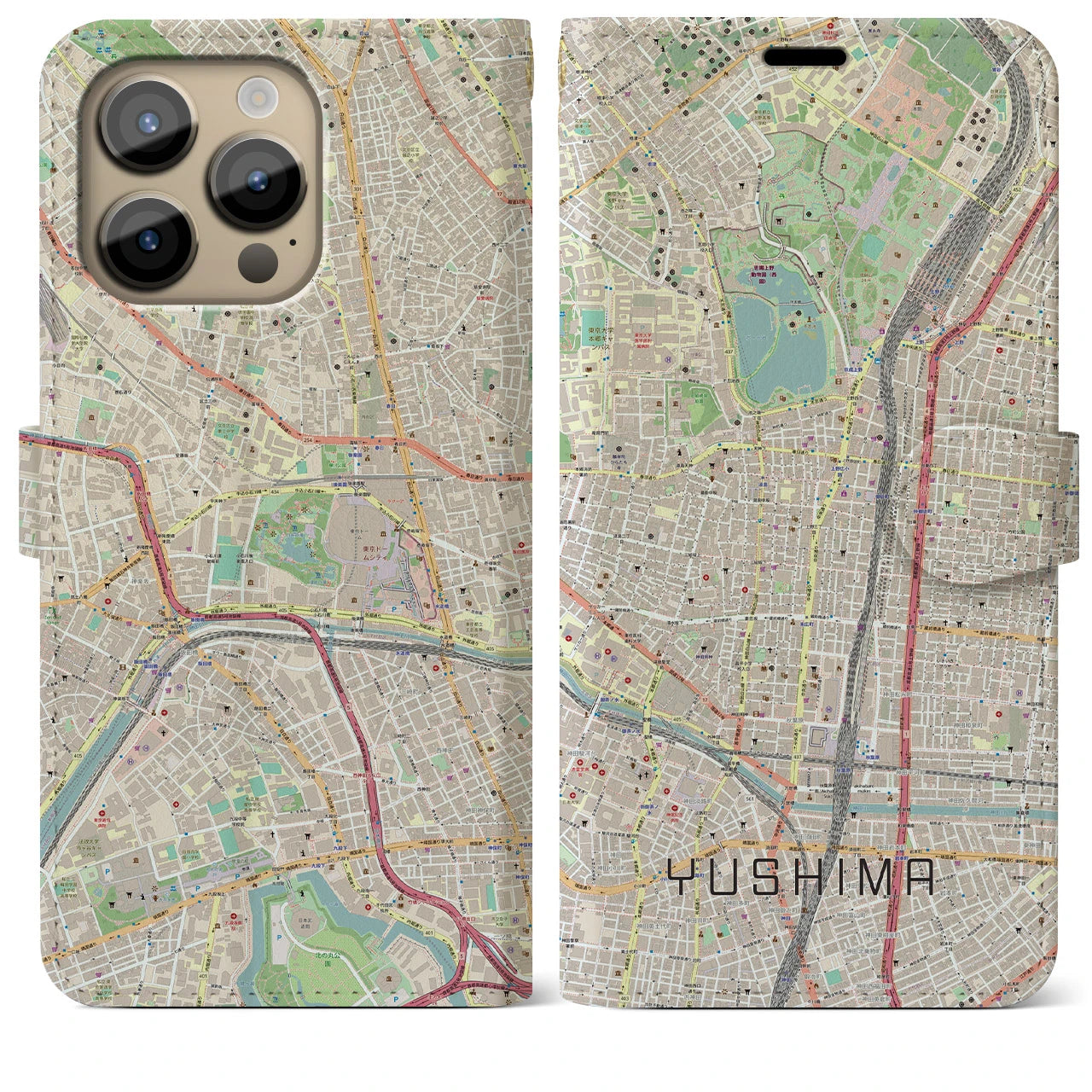【湯島】地図柄iPhoneケース（手帳両面タイプ・ナチュラル）iPhone 14 Pro Max 用