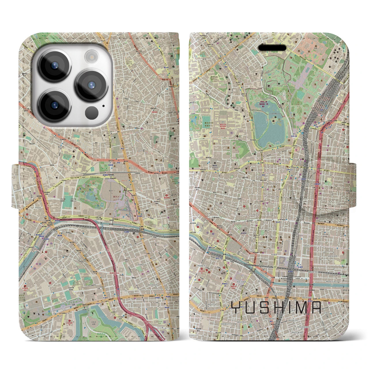 【湯島】地図柄iPhoneケース（手帳両面タイプ・ナチュラル）iPhone 14 Pro 用