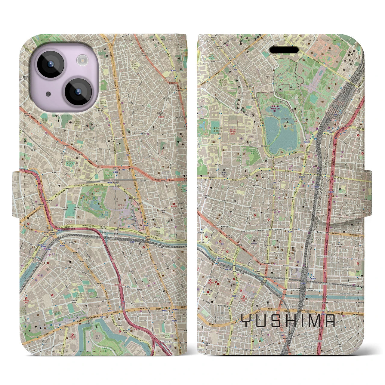 【湯島】地図柄iPhoneケース（手帳両面タイプ・ナチュラル）iPhone 14 用