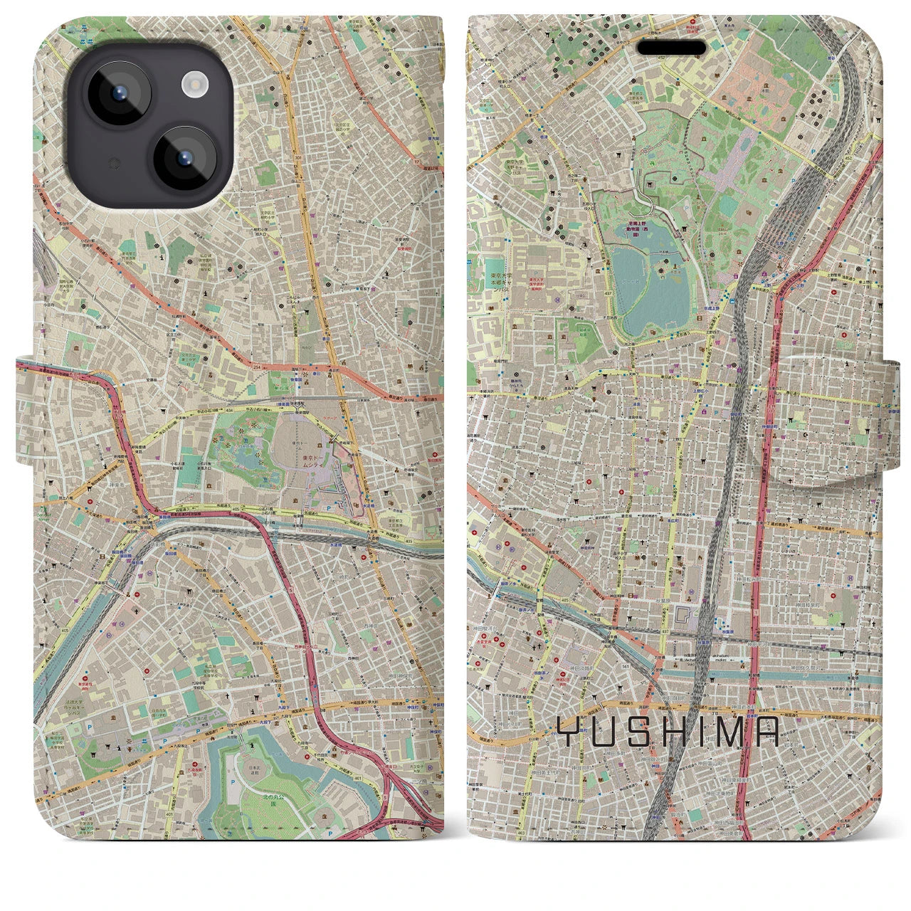 【湯島】地図柄iPhoneケース（手帳両面タイプ・ナチュラル）iPhone 14 Plus 用