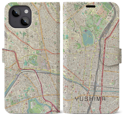 【湯島（東京都）】地図柄iPhoneケース（手帳タイプ）ナチュラル・iPhone 14 Plus 用