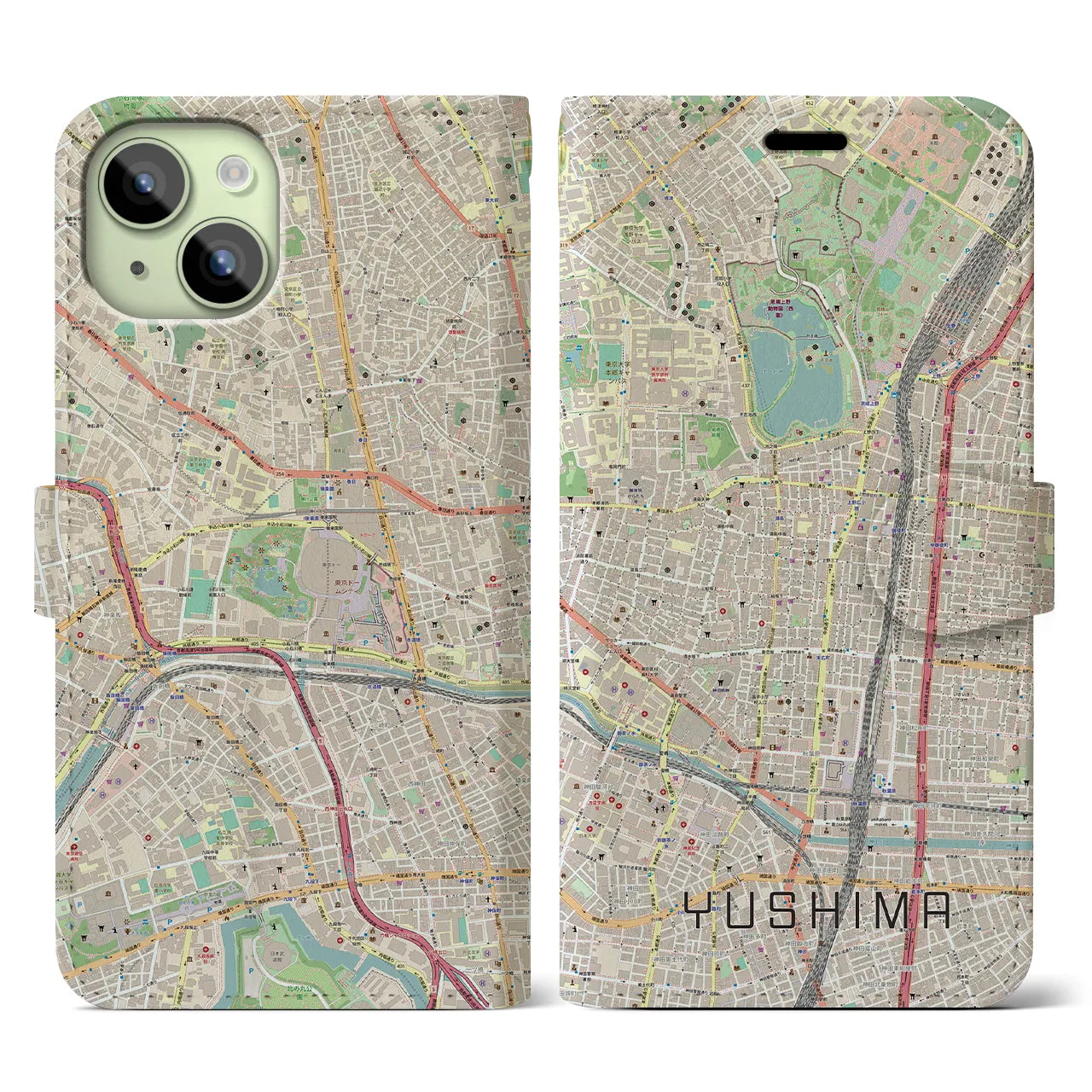 【湯島】地図柄iPhoneケース（手帳両面タイプ・ナチュラル）iPhone 15 用