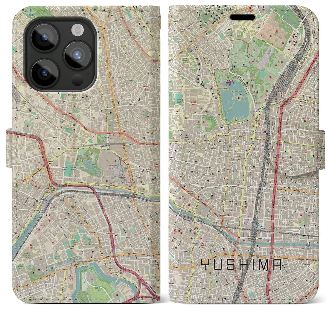 【湯島】地図柄iPhoneケース（手帳両面タイプ・ナチュラル）iPhone 15 Pro Max 用