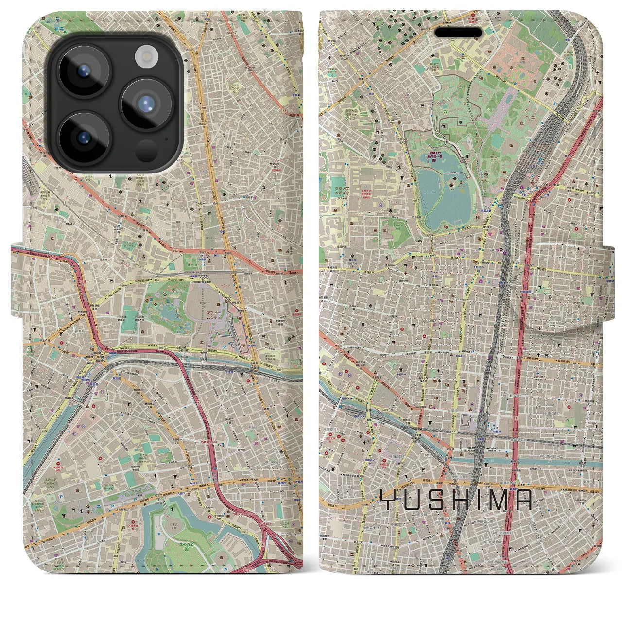 【湯島（東京都）】地図柄iPhoneケース（手帳タイプ）ナチュラル・iPhone 15 Pro Max 用