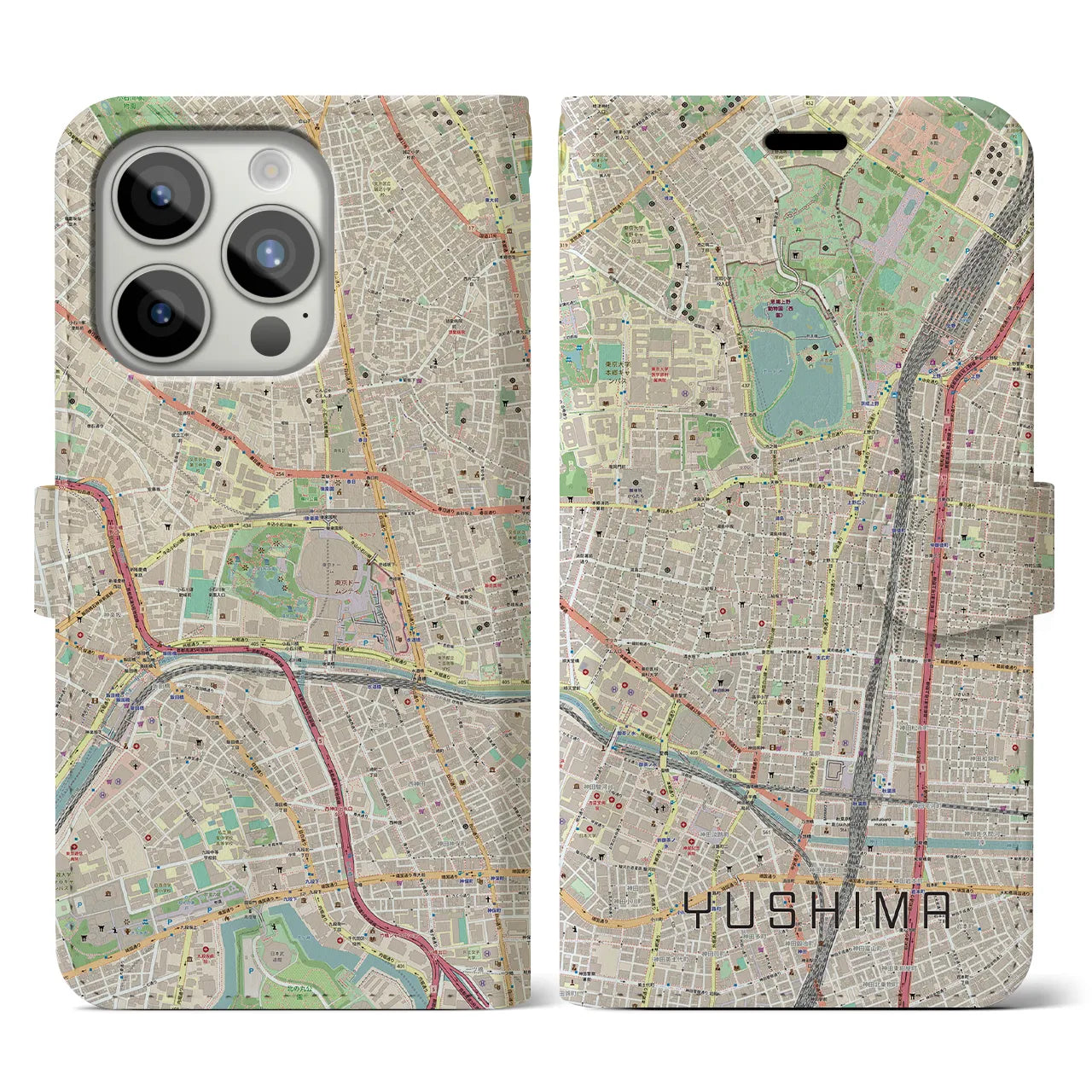 【湯島（東京都）】地図柄iPhoneケース（手帳タイプ）ナチュラル・iPhone 15 Pro 用