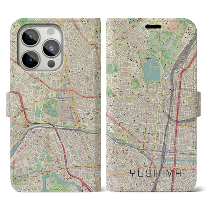 【湯島（東京都）】地図柄iPhoneケース（手帳タイプ）ナチュラル・iPhone 15 Pro 用