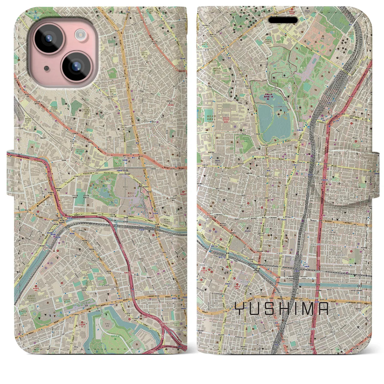 【湯島】地図柄iPhoneケース（手帳両面タイプ・ナチュラル）iPhone 15 Plus 用
