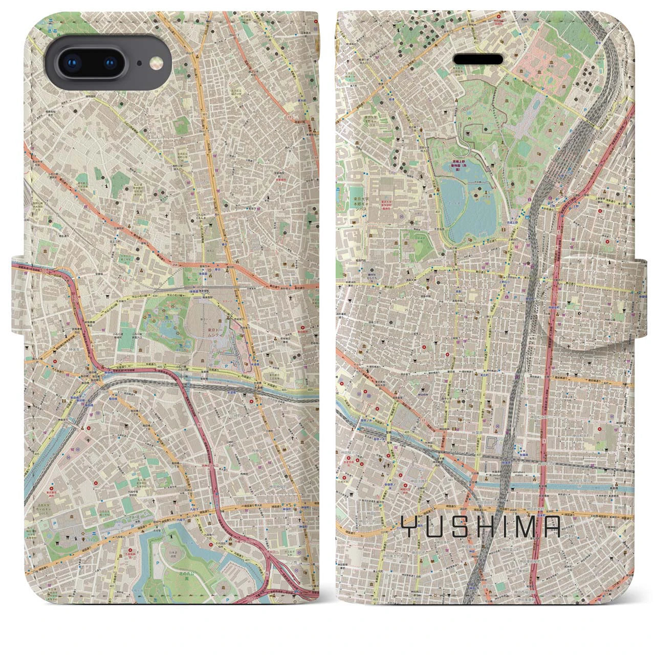 【湯島】地図柄iPhoneケース（手帳両面タイプ・ナチュラル）iPhone 8Plus /7Plus / 6sPlus / 6Plus 用