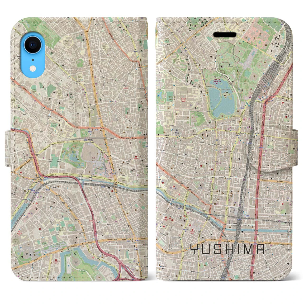 【湯島】地図柄iPhoneケース（手帳両面タイプ・ナチュラル）iPhone XR 用