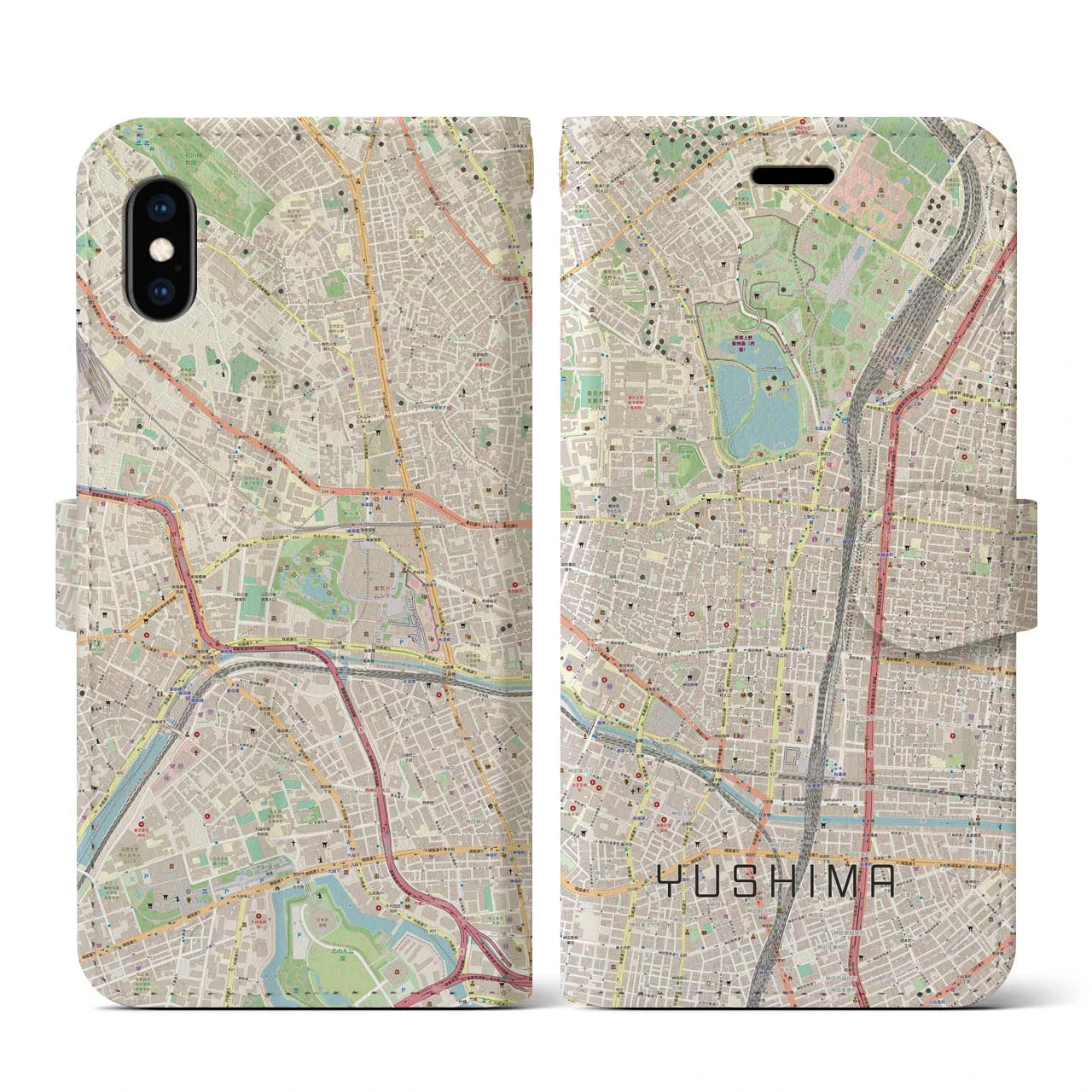 【湯島】地図柄iPhoneケース（手帳両面タイプ・ナチュラル）iPhone XS / X 用