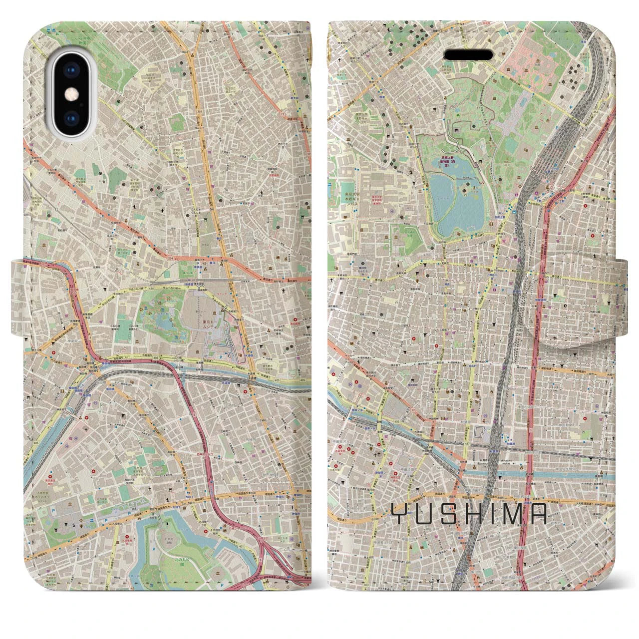 【湯島】地図柄iPhoneケース（手帳両面タイプ・ナチュラル）iPhone XS Max 用
