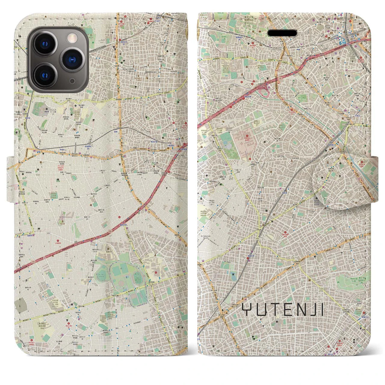 【祐天寺】地図柄iPhoneケース（手帳両面タイプ・ナチュラル）iPhone 11 Pro Max 用