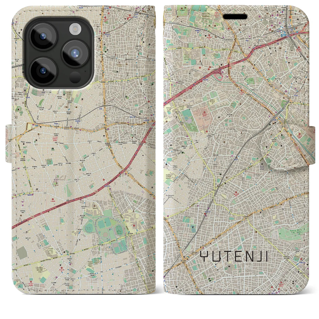 【祐天寺】地図柄iPhoneケース（手帳両面タイプ・ナチュラル）iPhone 15 Pro Max 用