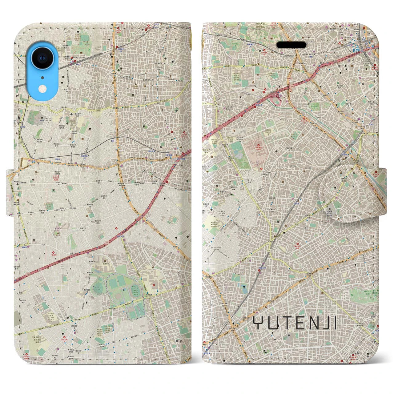 【祐天寺】地図柄iPhoneケース（手帳両面タイプ・ナチュラル）iPhone XR 用