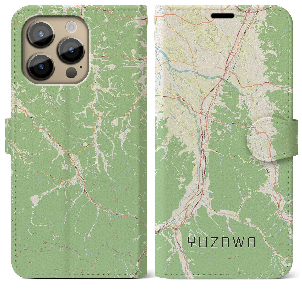 【湯沢】地図柄iPhoneケース（手帳両面タイプ・ナチュラル）iPhone 14 Pro Max 用
