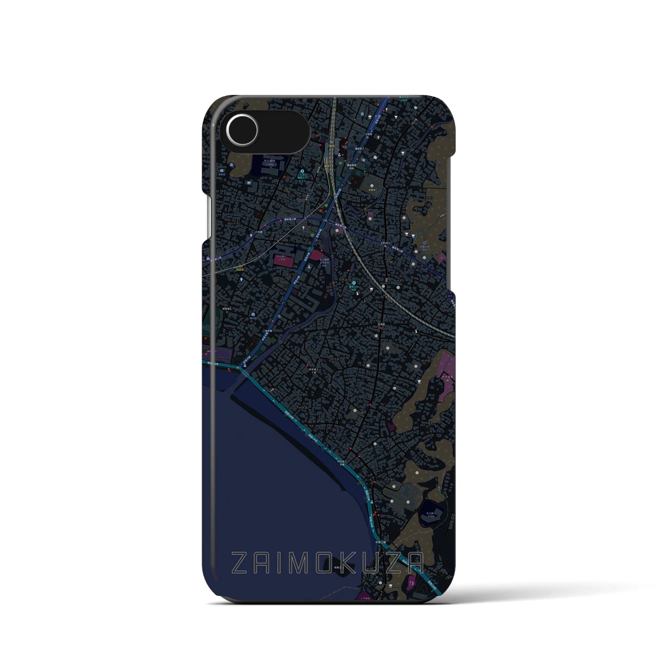 【材木座】地図柄iPhoneケース（バックカバータイプ・ブラック）iPhone SE（第3 / 第2世代） / 8 / 7 / 6s / 6 用