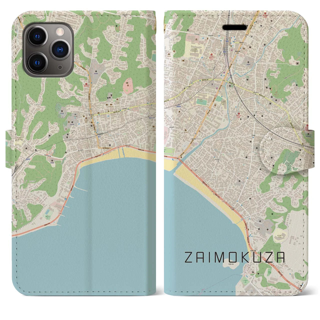 【材木座】地図柄iPhoneケース（手帳両面タイプ・ナチュラル）iPhone 11 Pro Max 用