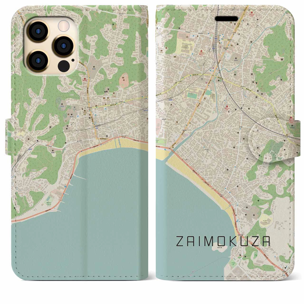 【材木座】地図柄iPhoneケース（手帳両面タイプ・ナチュラル）iPhone 12 Pro Max 用