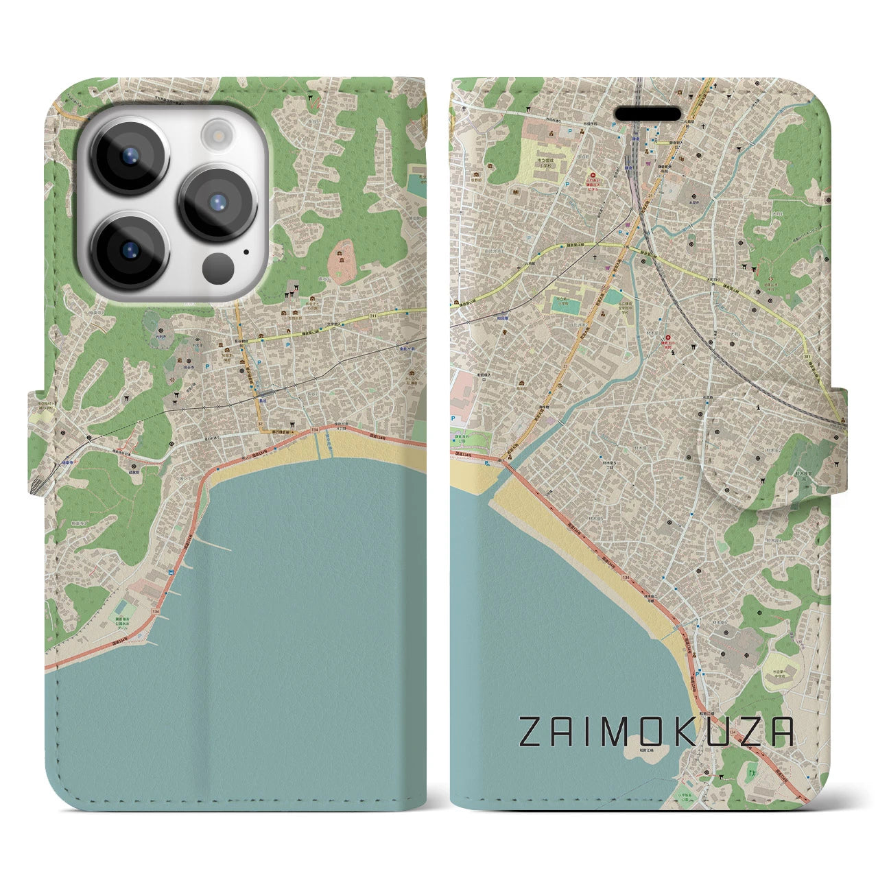 【材木座】地図柄iPhoneケース（手帳両面タイプ・ナチュラル）iPhone 14 Pro 用