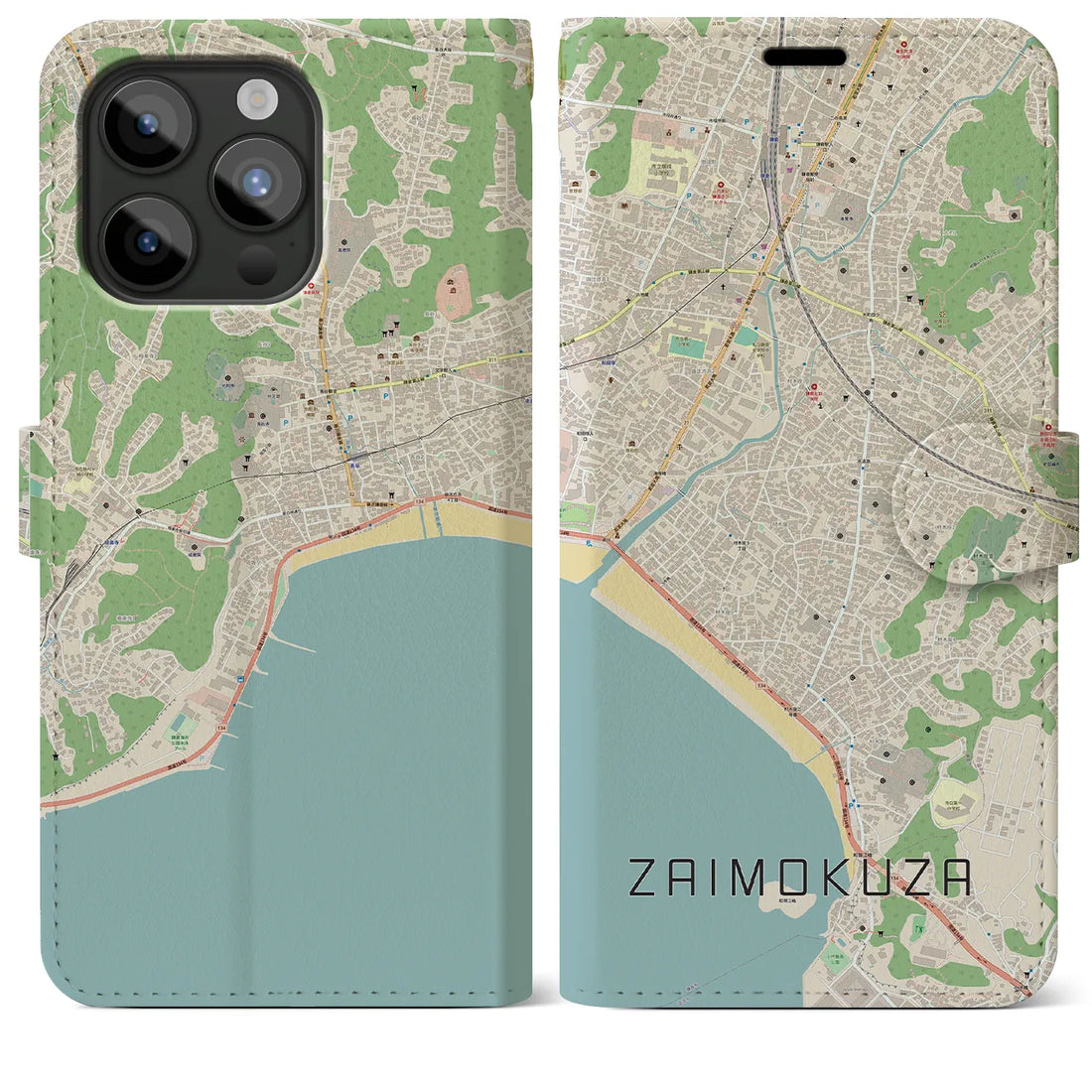 【材木座】地図柄iPhoneケース（手帳両面タイプ・ナチュラル）iPhone 15 Pro Max 用