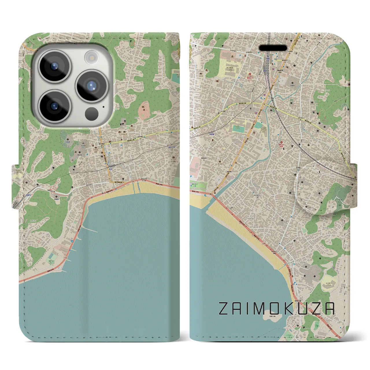 【材木座】地図柄iPhoneケース（手帳両面タイプ・ナチュラル）iPhone 15 Pro 用