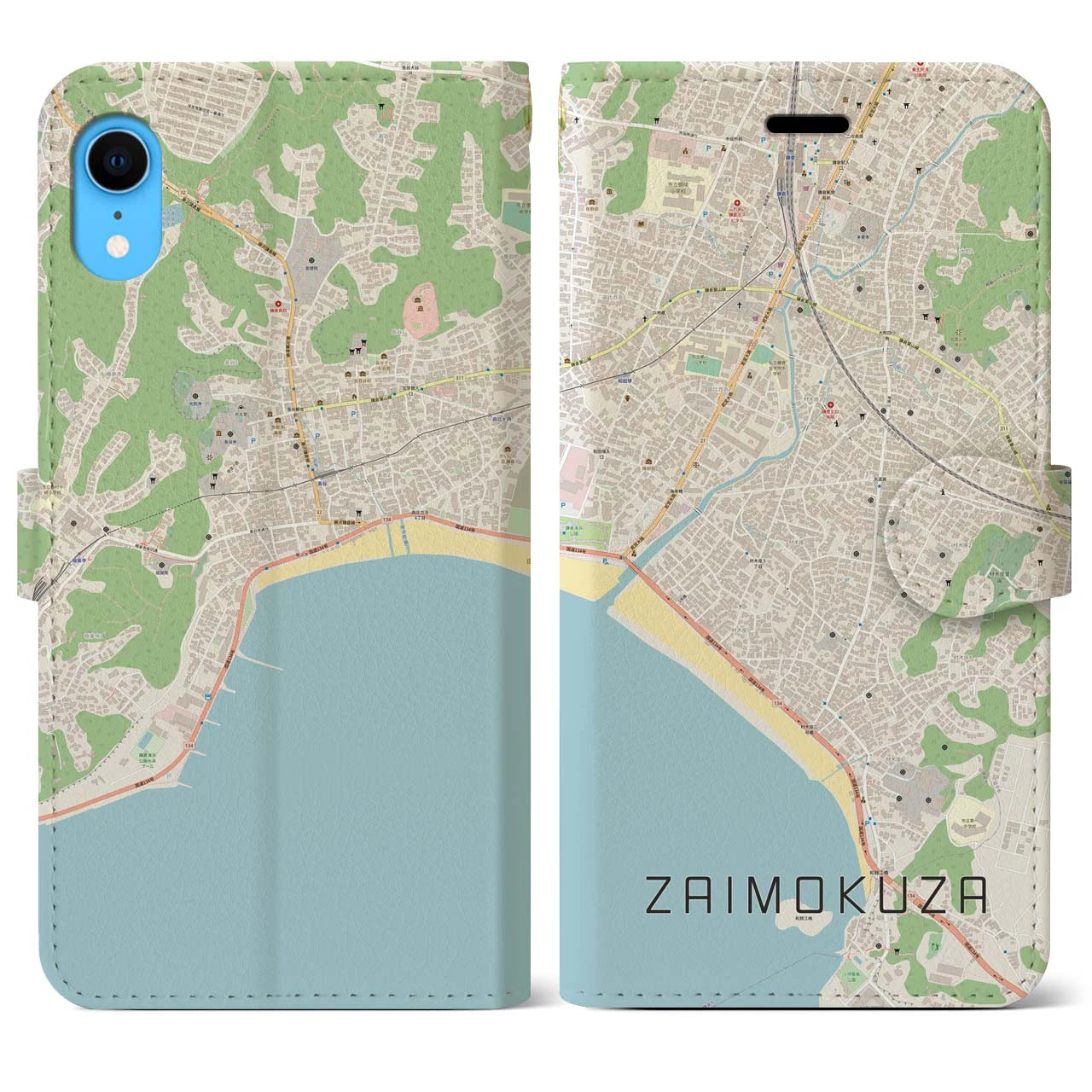 【材木座】地図柄iPhoneケース（手帳両面タイプ・ナチュラル）iPhone XR 用