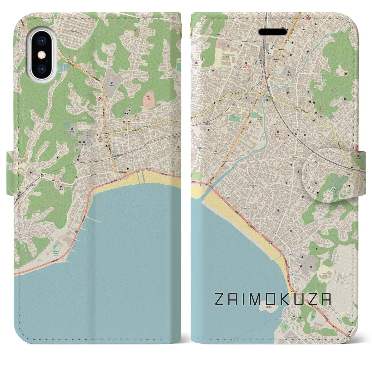 【材木座】地図柄iPhoneケース（手帳両面タイプ・ナチュラル）iPhone XS Max 用