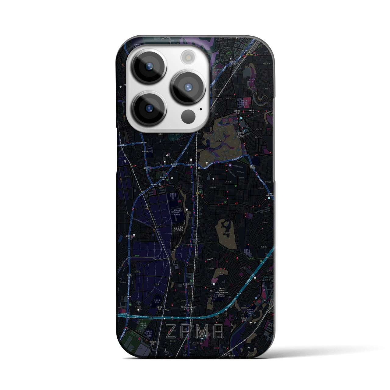 【座間】地図柄iPhoneケース（バックカバータイプ・ブラック）iPhone 14 Pro 用