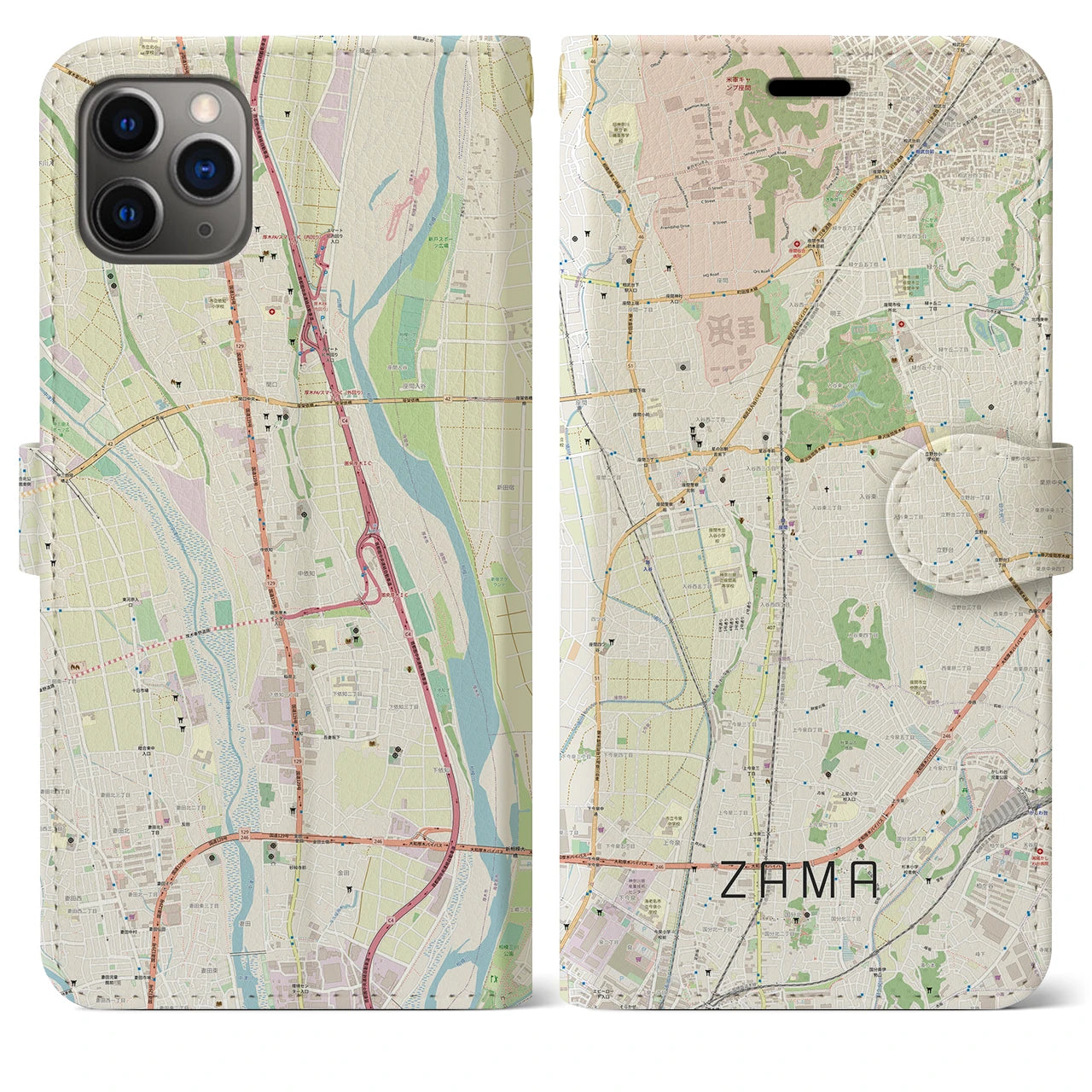 【座間】地図柄iPhoneケース（手帳両面タイプ・ナチュラル）iPhone 11 Pro Max 用