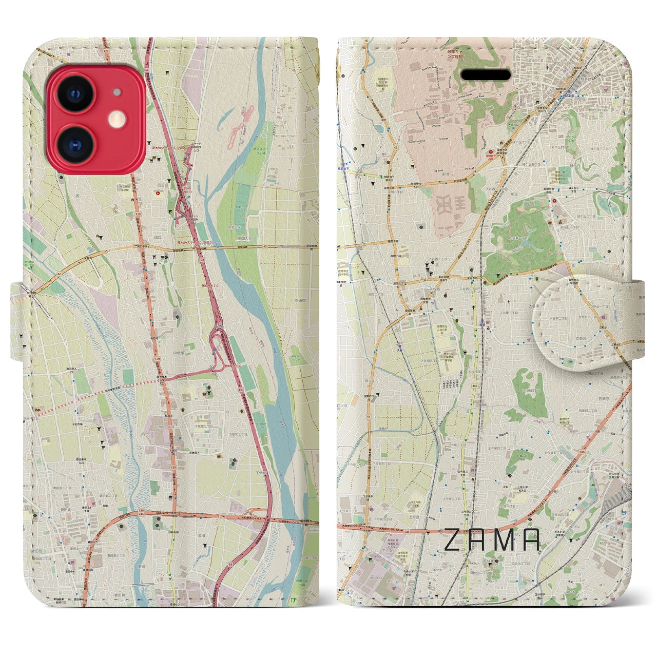 【座間】地図柄iPhoneケース（手帳両面タイプ・ナチュラル）iPhone 11 用