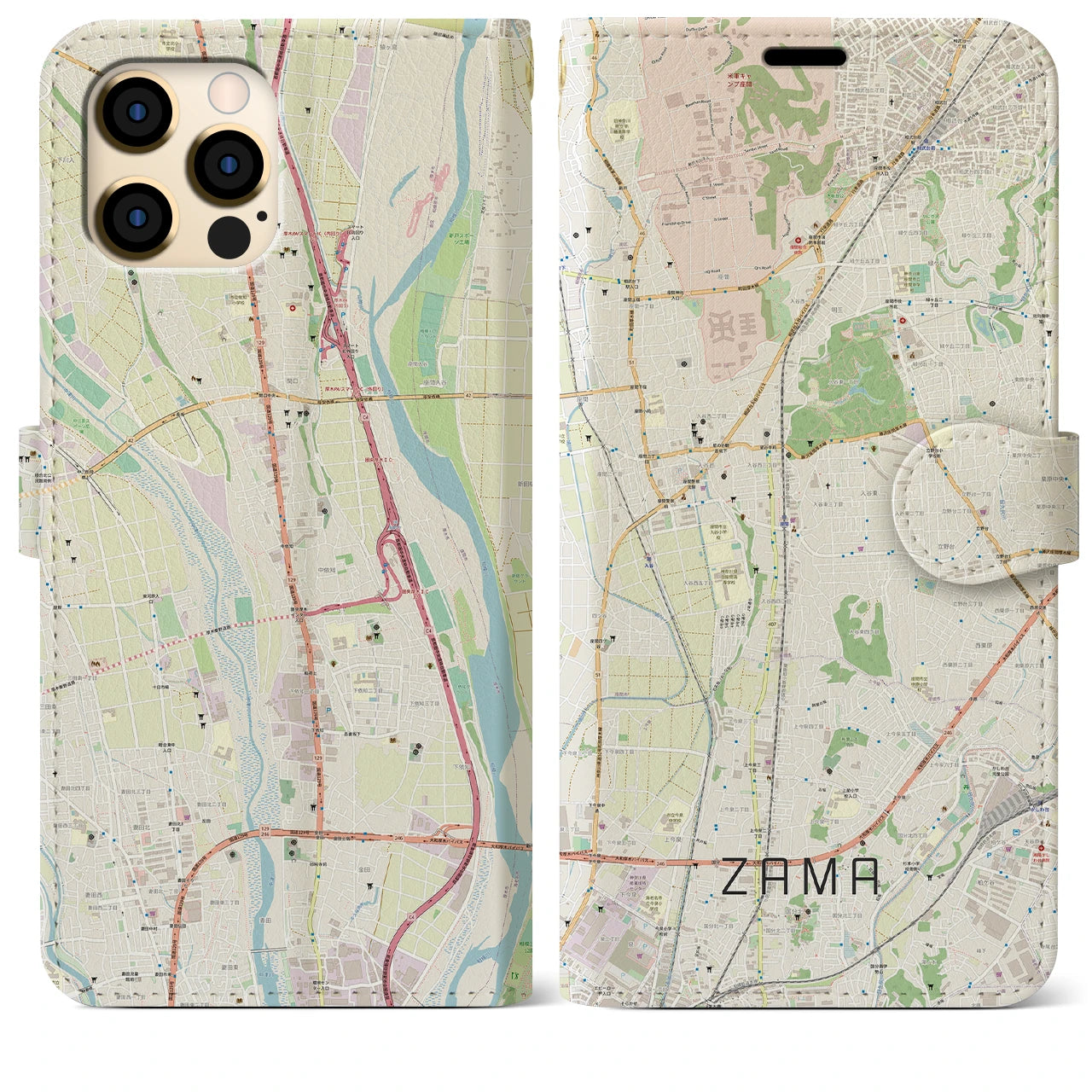 【座間】地図柄iPhoneケース（手帳両面タイプ・ナチュラル）iPhone 12 Pro Max 用