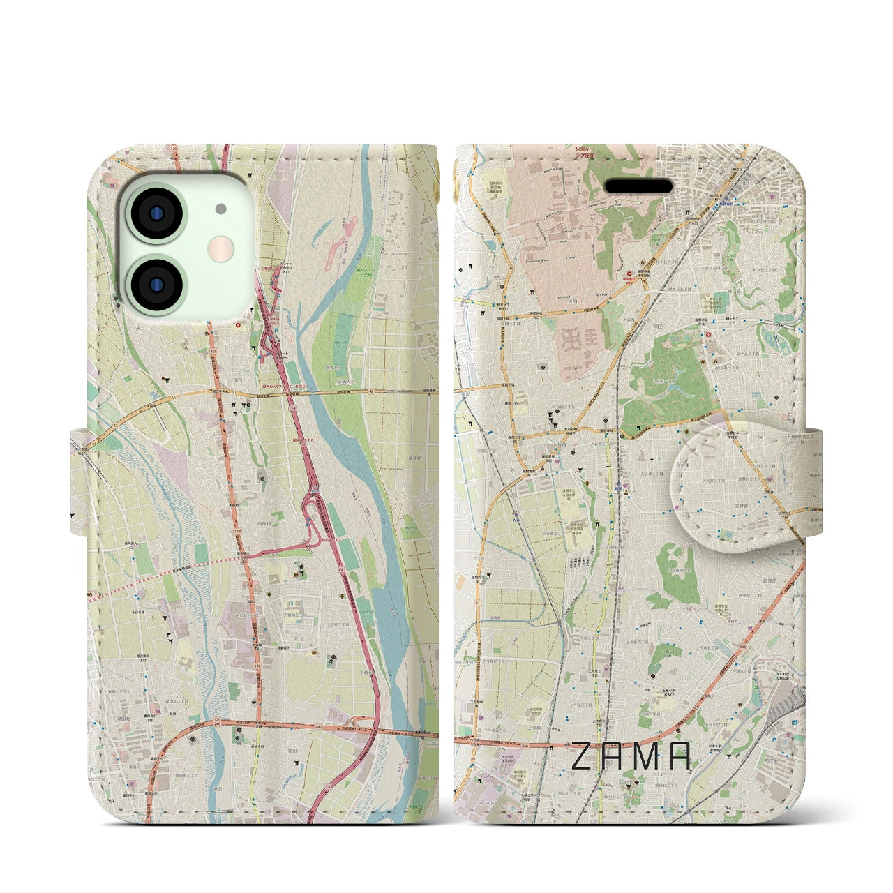 【座間】地図柄iPhoneケース（手帳両面タイプ・ナチュラル）iPhone 12 mini 用