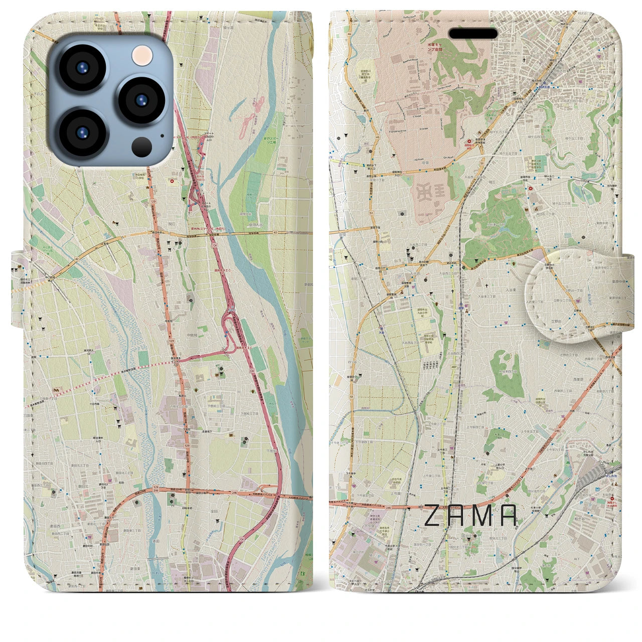【座間】地図柄iPhoneケース（手帳両面タイプ・ナチュラル）iPhone 13 Pro Max 用