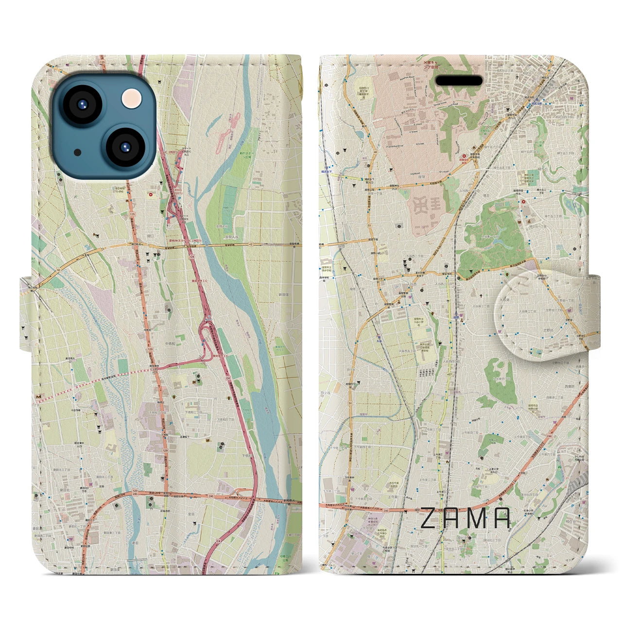 【座間】地図柄iPhoneケース（手帳両面タイプ・ナチュラル）iPhone 13 用