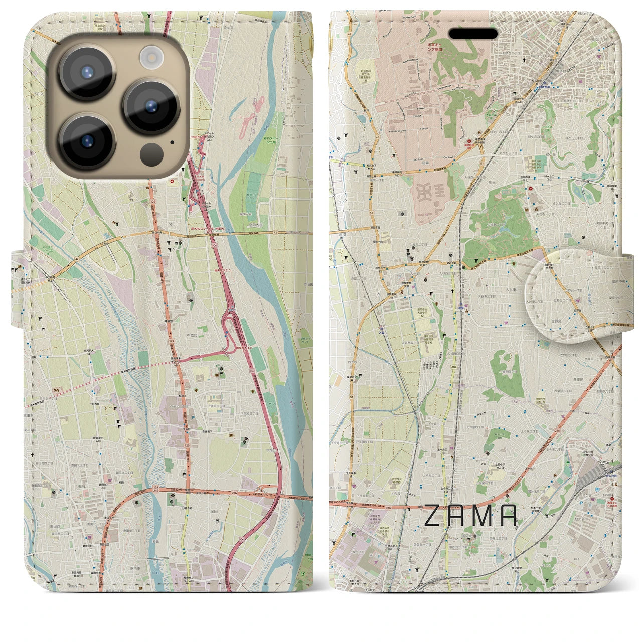 【座間】地図柄iPhoneケース（手帳両面タイプ・ナチュラル）iPhone 14 Pro Max 用