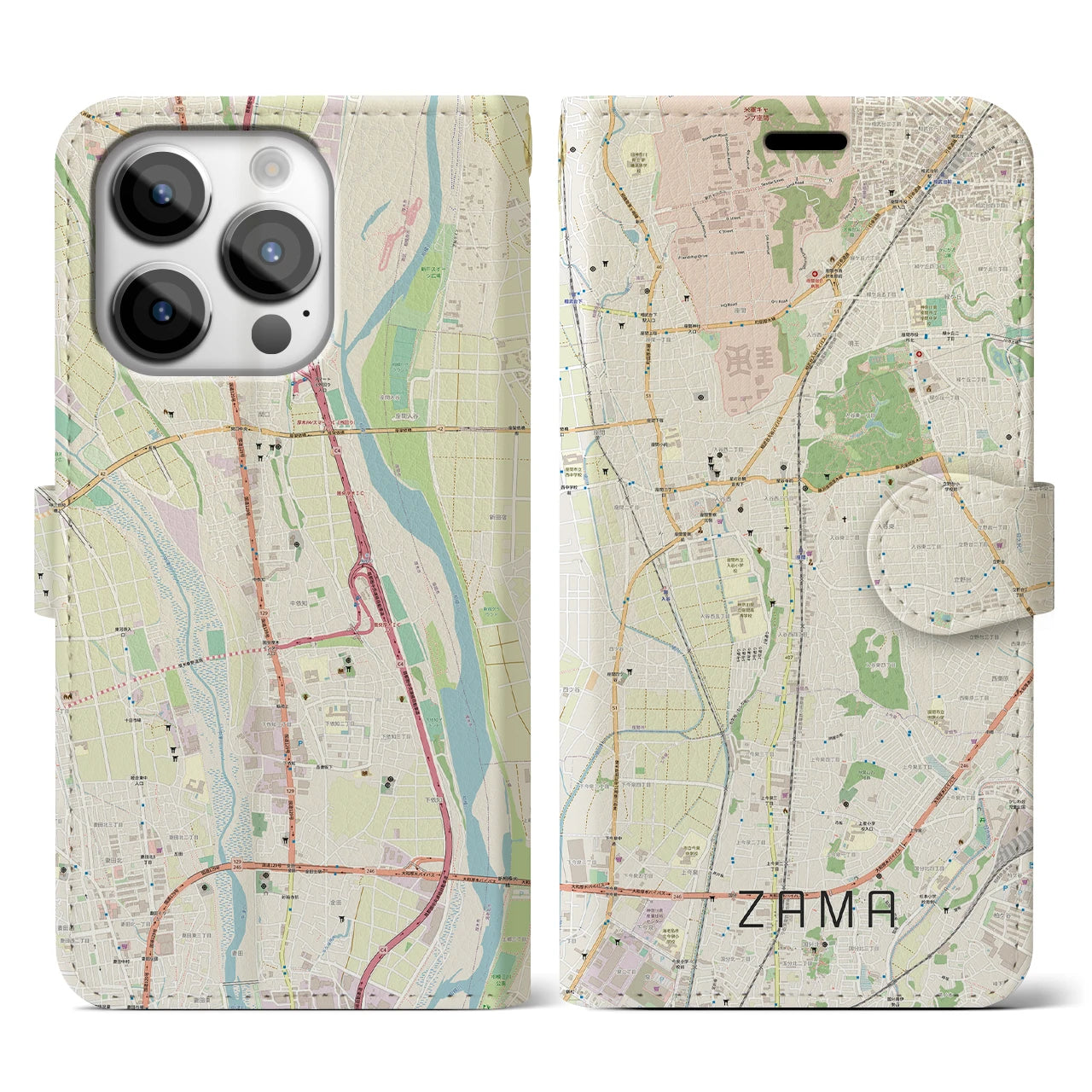 【座間】地図柄iPhoneケース（手帳両面タイプ・ナチュラル）iPhone 14 Pro 用