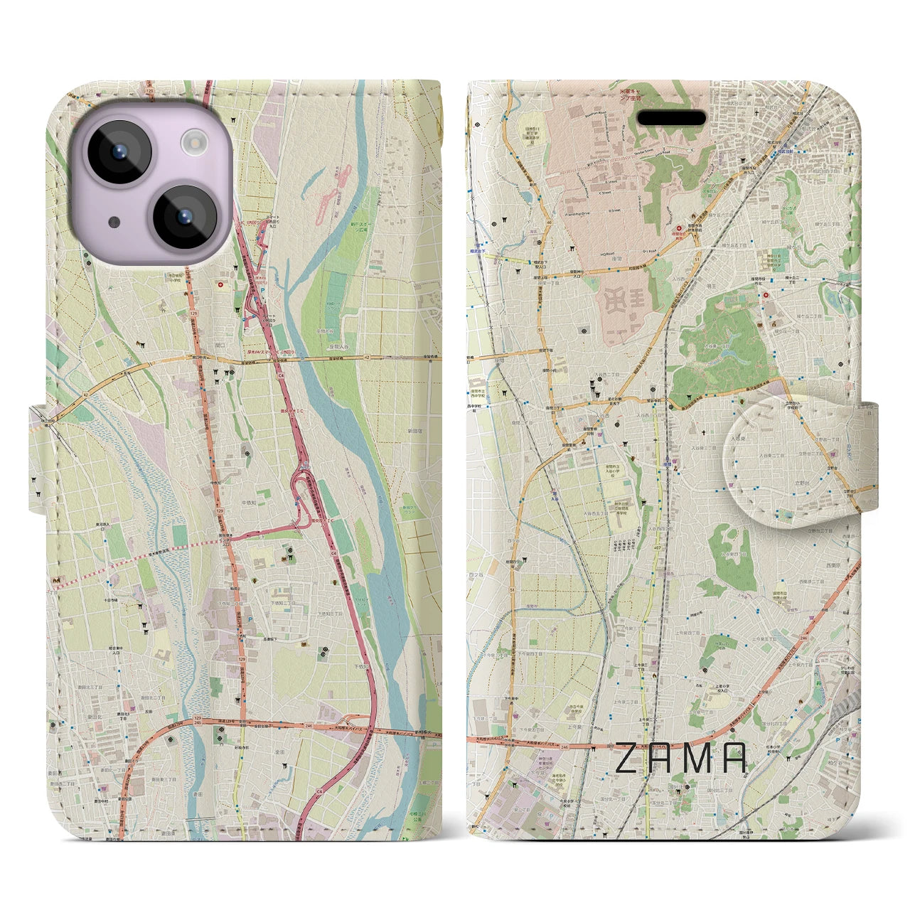 【座間】地図柄iPhoneケース（手帳両面タイプ・ナチュラル）iPhone 14 用