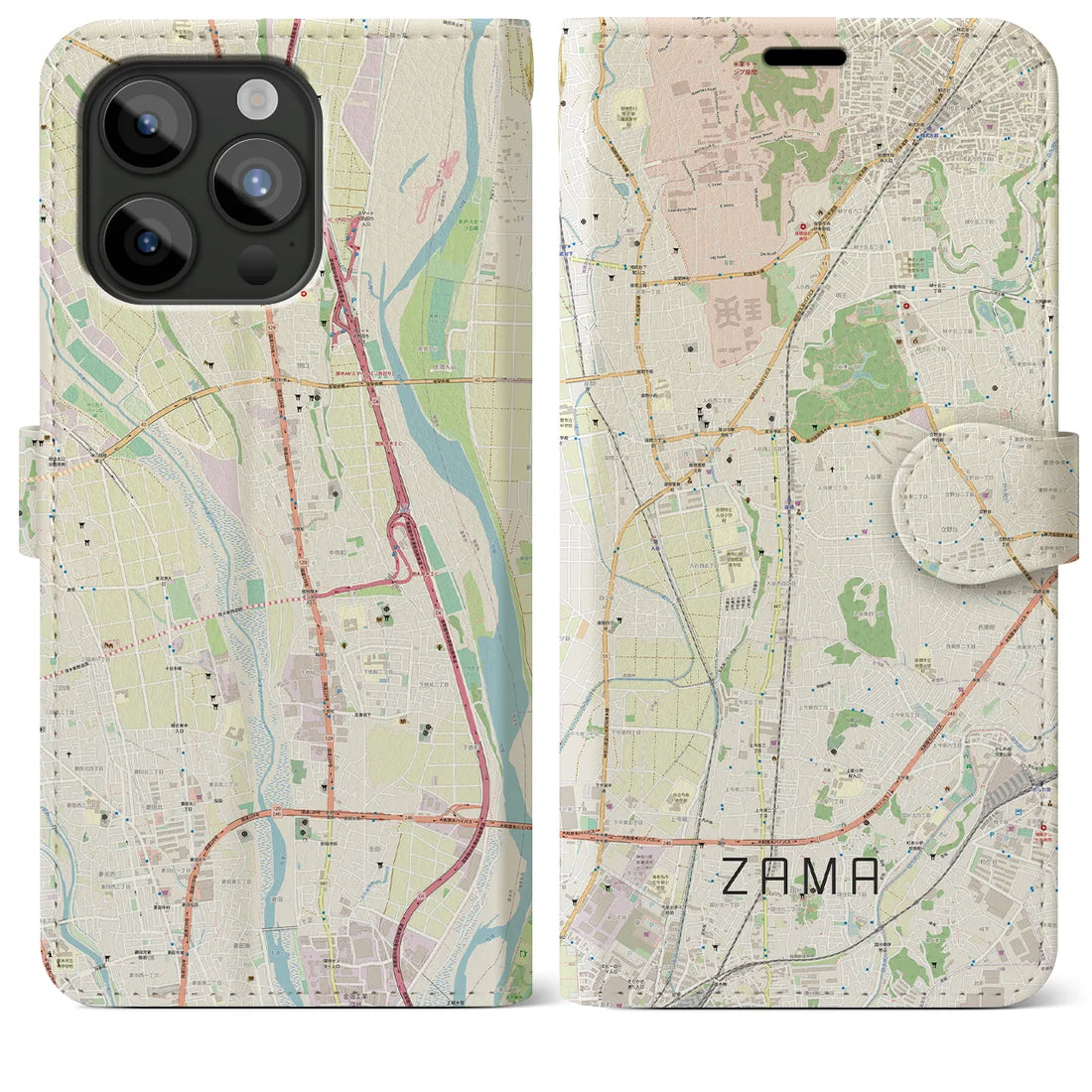 【座間】地図柄iPhoneケース（手帳両面タイプ・ナチュラル）iPhone 15 Pro Max 用