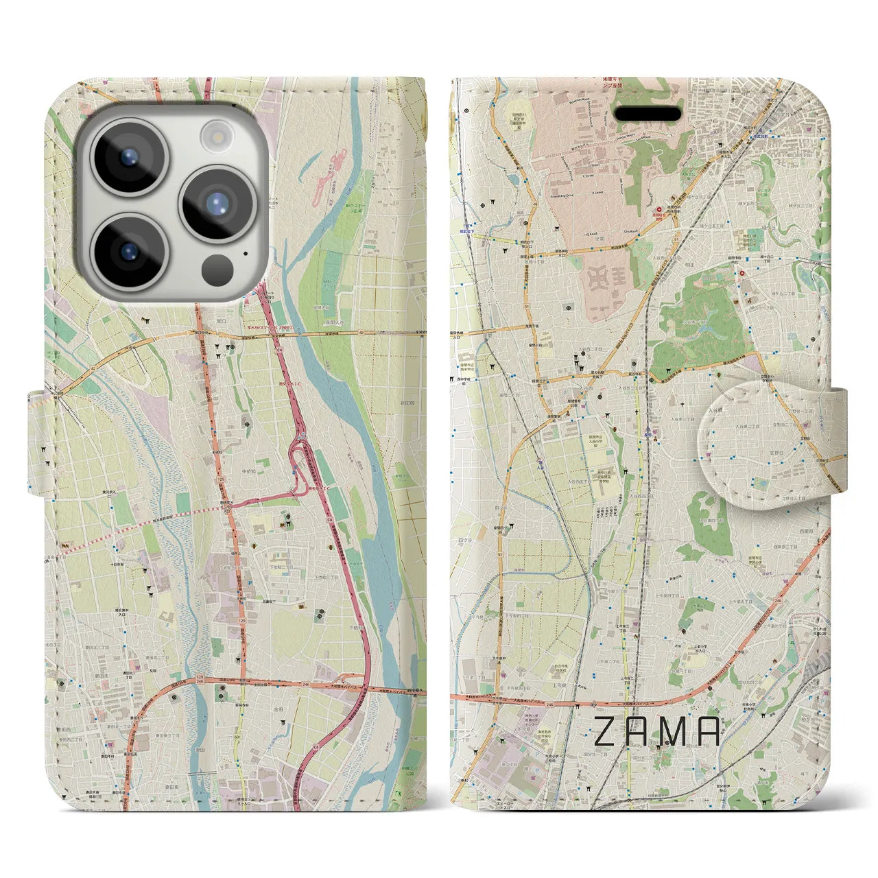 【座間】地図柄iPhoneケース（手帳両面タイプ・ナチュラル）iPhone 15 Pro 用