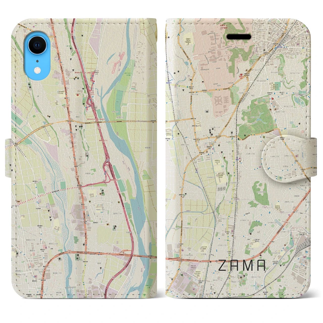 【座間】地図柄iPhoneケース（手帳両面タイプ・ナチュラル）iPhone XR 用