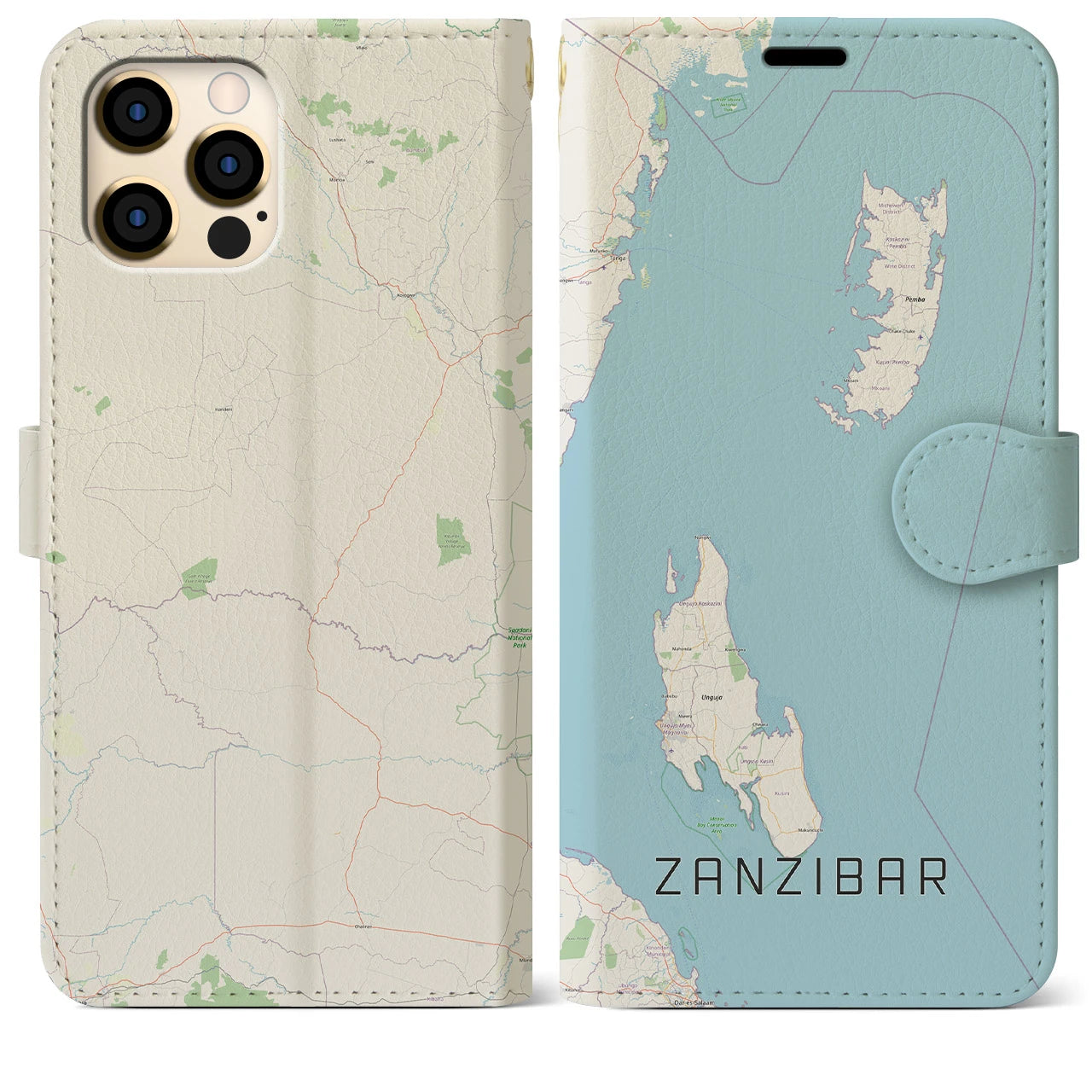 【ザンジバル】地図柄iPhoneケース（手帳両面タイプ・ナチュラル）iPhone 12 Pro Max 用