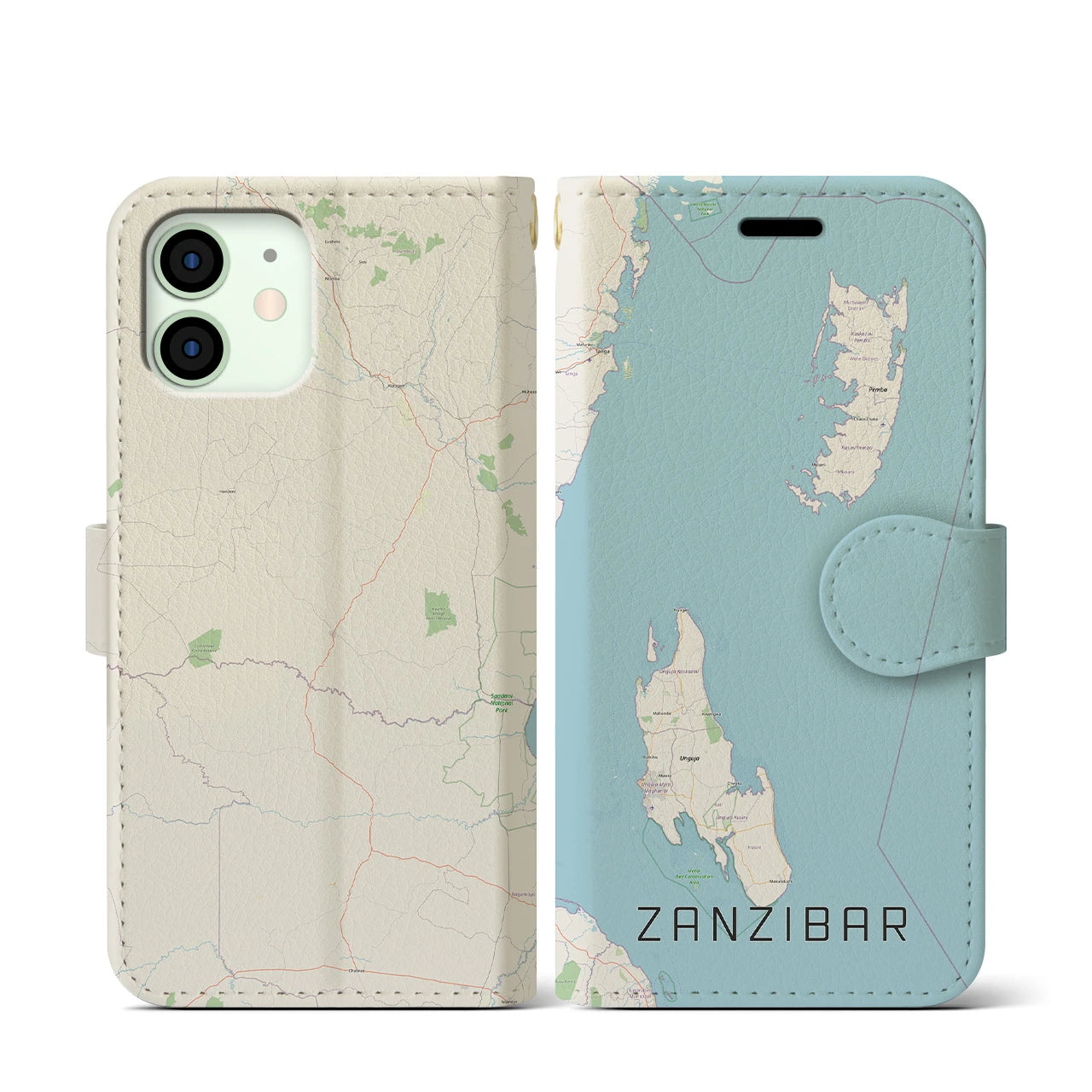 【ザンジバル】地図柄iPhoneケース（手帳両面タイプ・ナチュラル）iPhone 12 mini 用