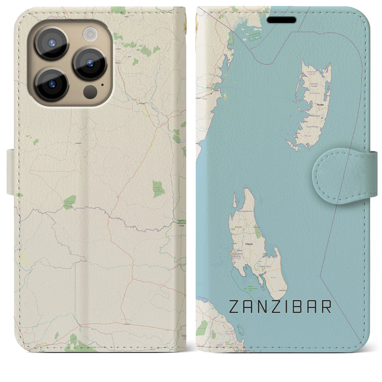 【ザンジバル】地図柄iPhoneケース（手帳両面タイプ・ナチュラル）iPhone 14 Pro Max 用