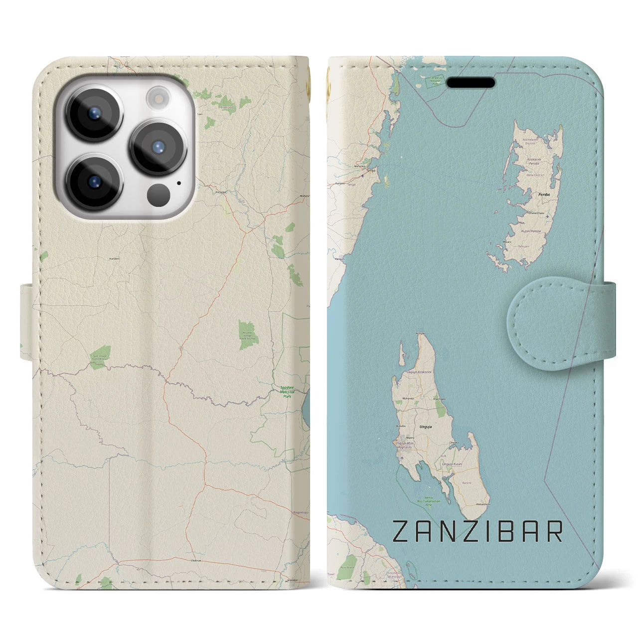 【ザンジバル】地図柄iPhoneケース（手帳両面タイプ・ナチュラル）iPhone 14 Pro 用
