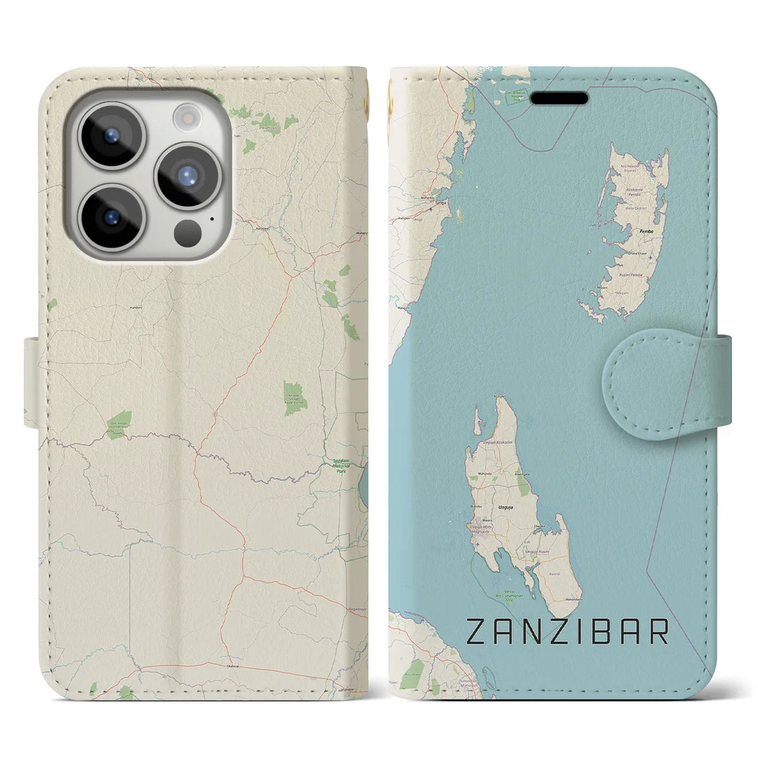 【ザンジバル】地図柄iPhoneケース（手帳両面タイプ・ナチュラル）iPhone 15 Pro 用