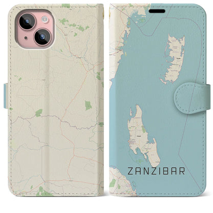 【ザンジバル（タンザニア）】地図柄iPhoneケース（手帳タイプ）ナチュラル・iPhone 15 Plus 用