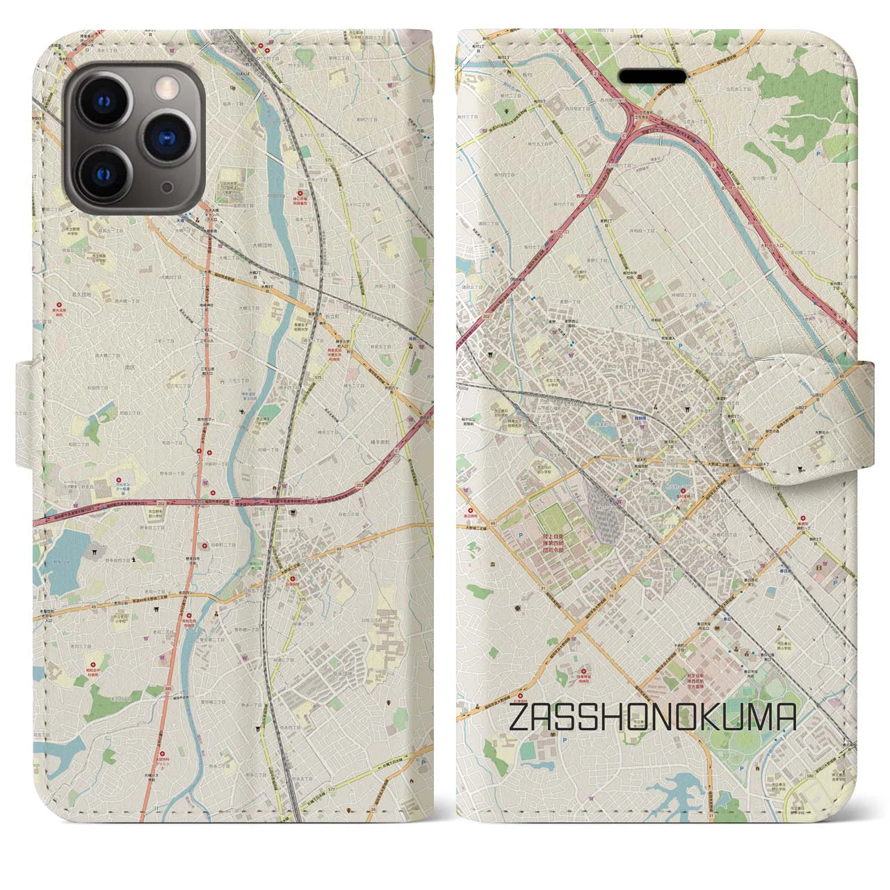 【雑餉隈】地図柄iPhoneケース（手帳両面タイプ・ナチュラル）iPhone 11 Pro Max 用